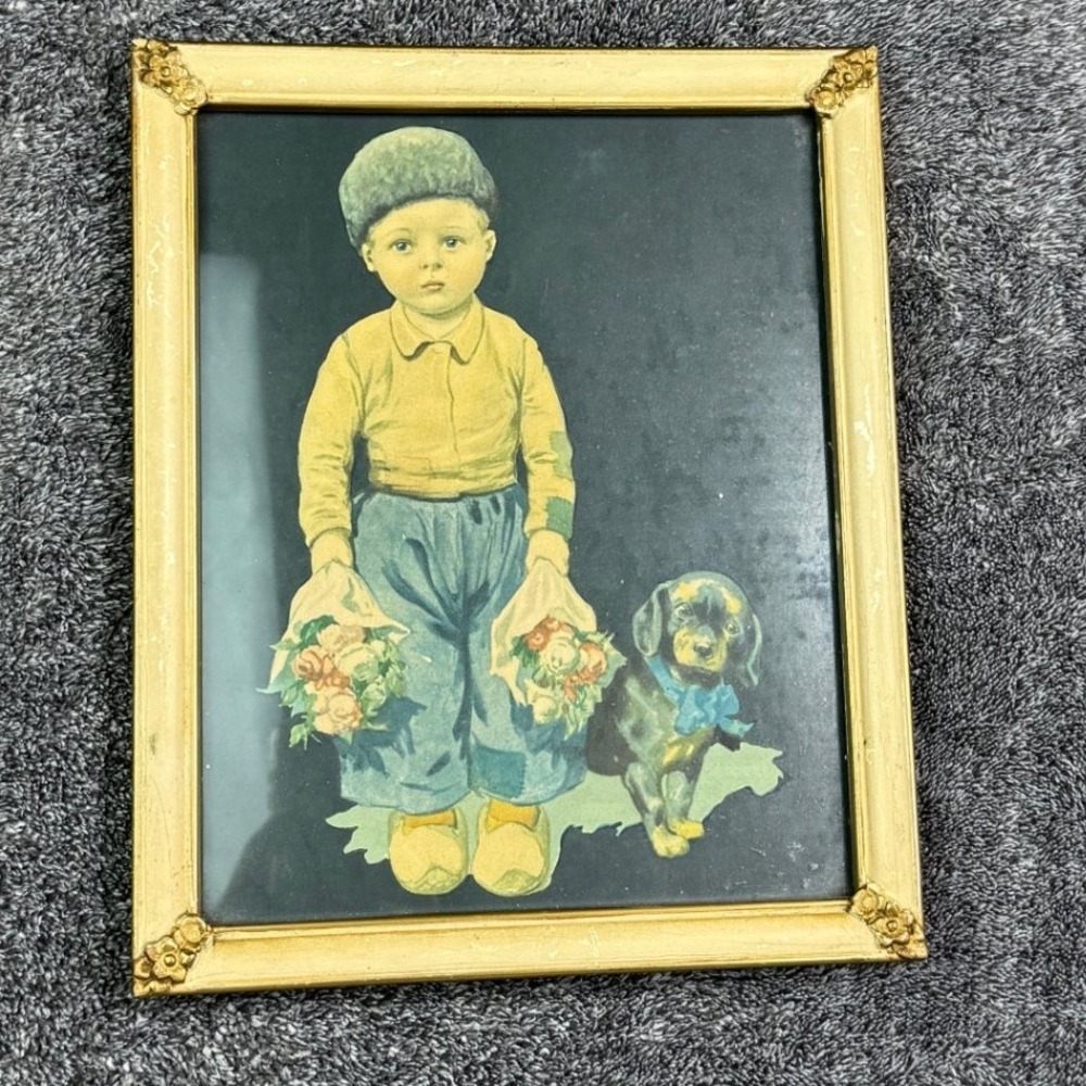Vintage Framed Lithograph Print Boy with Flowers & Dachshund Dog Gold Frame 8x10